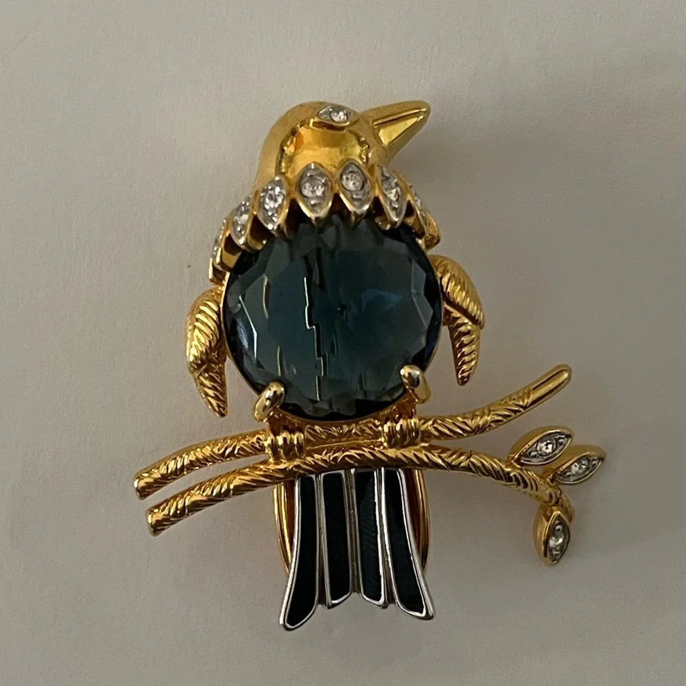 Kenneth Jay Lane (KJL) Elegant Crystal Blue Bird Brooch with Gold Tone Setting